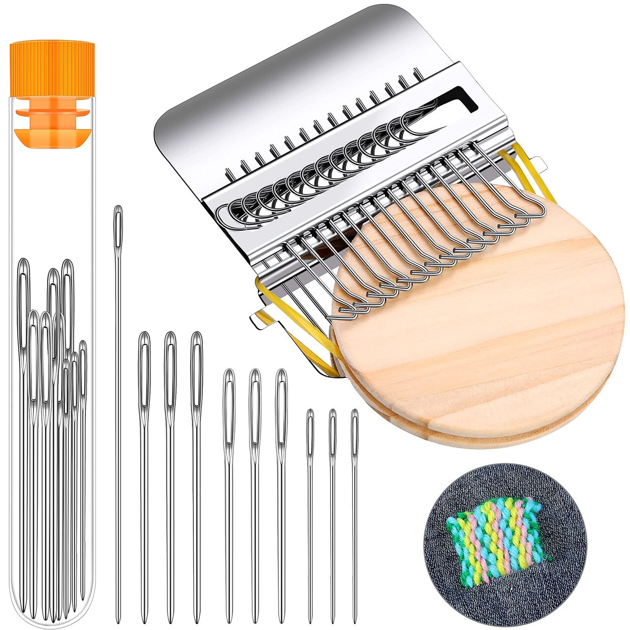 Darning Small Loom Speedweve Style Machine Wood Knitting Looms Type Weave Tool 14 Hooks and 9 Yarn Knitting Needles Hand DIY Craft Weaving Repair Tool for Jeans(Round,Classic Color)